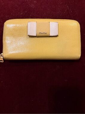 Miu Miu Yellow Leather Zip Wallet with Cream Bow Accent